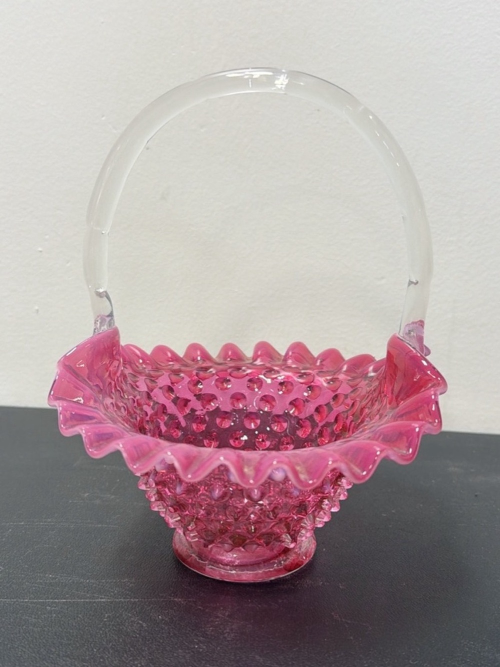 Fenton Cranberry Opalescent Hobnail Glass Basket